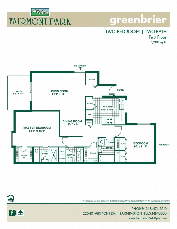 Floor plan for 2 beds, 2 baths, 1200 sqft